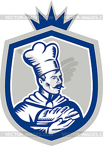 Baker Holding Bread Loaf Woodcut Crest - vector clip art