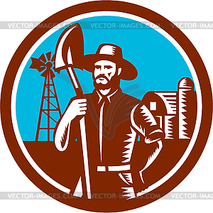 Organic Farmer Shovel Windmill Woodcut Retro - vector clipart