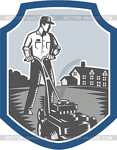 Gardener Mow Lawn Mower Woodcut Shield - vector image