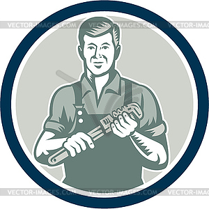 Plumber Holding Monkey Wrench Circle Retro - vector clip art