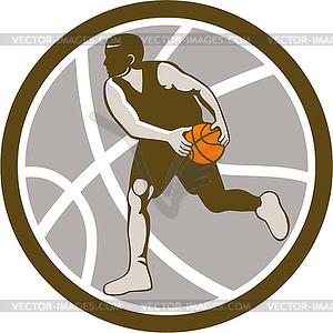 Баскетболист дриблинг мяча Круг Ретро - клипарт в векторе / векторное изображение