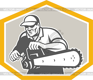 Tree Surgeon Arborist Holding Chainsaw Shield - vector image