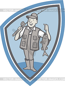 Fly Fisherman Showing Fish Catch Cartoon - vector clip art