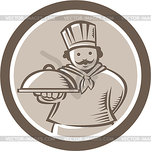 Chef Cook Serving Food Platter Circle - vector image