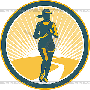 Female Marathon Runner Circle Retro - vector image