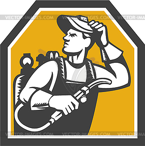 Welder Holding Welding Torch Woodcut Retro - vector image