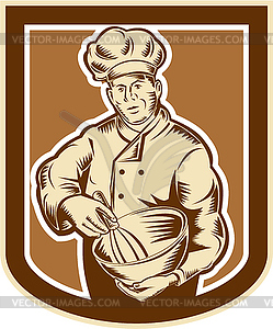 Baker Chef Cook Mixing Bowl Woodcut Retro - vector image