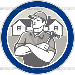 Builder Carpenter Hammer Houses Circle Retro - vector image