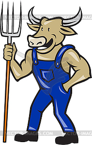 Farmer Cow Holding Pitchfork Cartoon - vector image