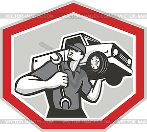 Automotive Mechanic Carrying Pick-Up Truck - color vector clipart