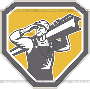 Construction Steel Worker Carrying I-Beam Retro - vector clipart