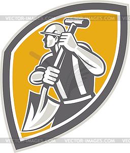 Construction Worker Digging Shovel Retro - vector clip art