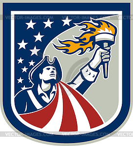 American Patriot Holding Up Torch Flag Shield - vector image