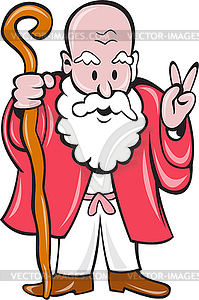 Bearded Old Man Staff Peace Sign Cartoon - vector image