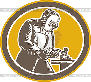 Welder Welding Side Woodcut Oval Retro - vector image