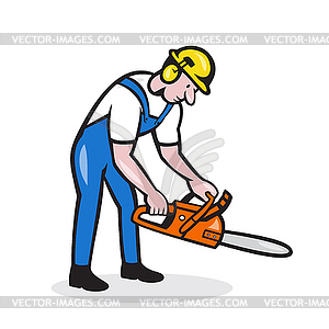 Lumberjack Arborist Operating Chainsaw Cartoon - vector clip art