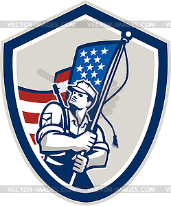 American Soldier Waving Stars Stripes Flag Shield - vector clipart