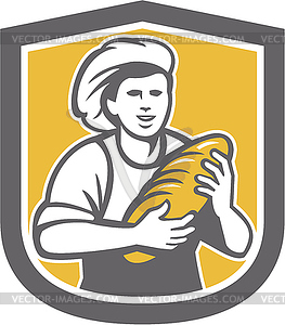 Female Baker Holding Bread Loaf Shield - color vector clipart