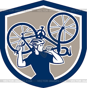 Bicycle Mechanic Carry Bike Shield Retro - vector clipart