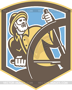 Sea Captain Fisherman Steering Shield Retro - vector image