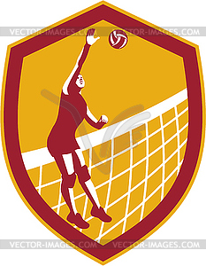 Volleyball Player Spike Ball Net Retro Shield - vector clipart