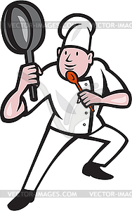 Chef Cook Holding Frying Pan Kung Fu Stance Cartoon - vector image