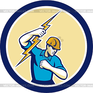 Electrician Holding Lightning Bolt Side Circle - vector clipart