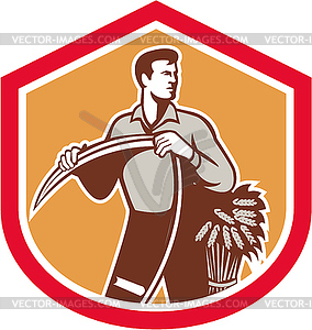 Organic Farmer Holding Scy Wheat Shield - vector clipart