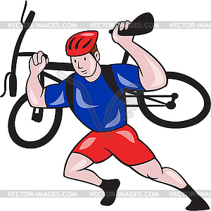 Cyclist Carry Mountain Bike on Shoulders Cartoon - vector clipart