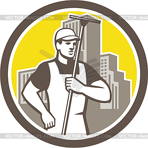 Window Cleaner Worker Holding Squeegee Circle - vector image