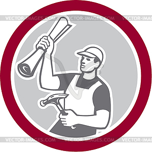 Builder Carpenter Holding Hammer Building Plan Retro - vector image