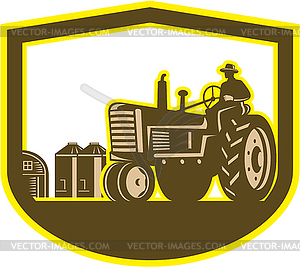 Farmer Driving Tractor Plowing Farm Shield Retro - vector image