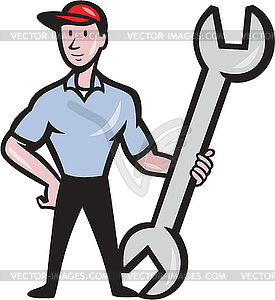 Mechanic Hold Spanner Wrench Cartoon - color vector clipart