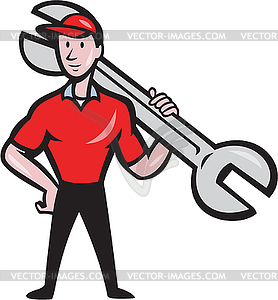 Mechanic Hold Spanner On Shoulder Cartoon - vector clip art