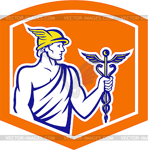 Mercury Holding Caduceus Staff Shield Retro - vector clipart