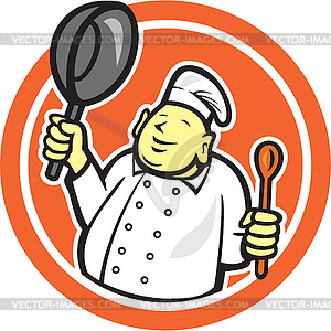 Fat Buddha Chef Cook Holding Pan Circle Cartoon - vector clipart