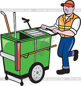 Streeet Cleaner Pushing Trolley Cartoon - vector image