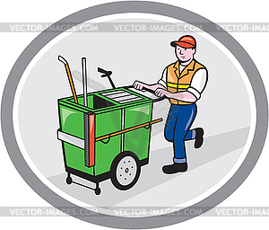 Street Cleaner Pushing Trolley Oval Cartoon - vector image