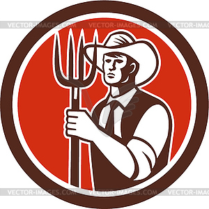 Farmer Holding Pitchfork Circle Retro - vector clip art