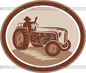 Vintage Farm Tractor Driver Waving Circle Retro - vector clipart