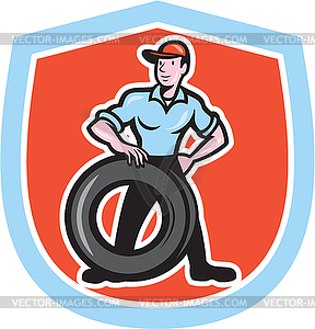 Tireman Mechanic With Tire Cartoon Shield - vector clip art