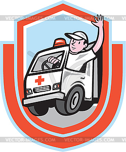 Ambulance Emergency Vehicle Driver Waving Shield - vector clipart