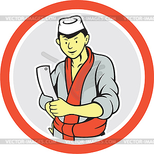 Japanese Butcher Hold Meat Cleaver Circle Cartoon - vector image