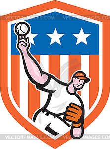 Baseball Pitcher Throw Ball Shield Cartoon - vector image