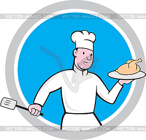 Chef With Chicken Spatula Circle Cartoon - vector clipart