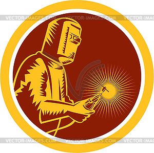 Welder Holding Welding Torch Circle Retro - vector clipart