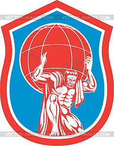 Atlas Carrying Globe on Shoulder Front Shield Retro - vector image