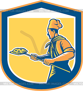 Baker Pizza Maker Holding Peel Pizza Shield - vector image