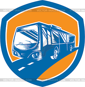 Tourist Coach Shuttle Bus Shield Woodcut - vector clipart