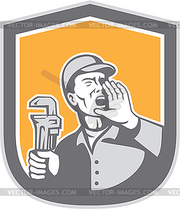 Plumber Shouting Holding Wrench Shield Retro - vector EPS clipart